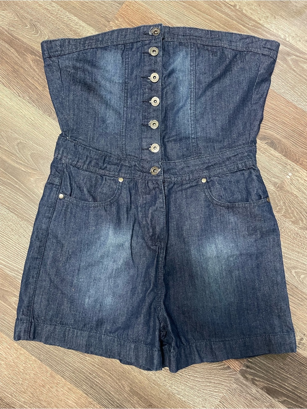 Strapless Dark Blue Denim Romper with Button Front